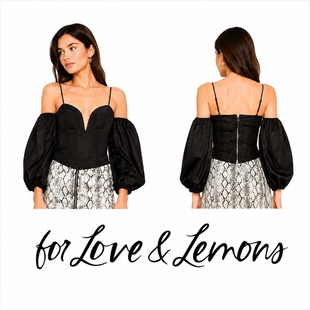 For Love & Lemons Black Puffed Sleeve Corset Top Off Shoulder